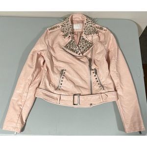 Mauve Pink Pastel Punk Silver Spiked Studded Leather Moto Jacket Coat Size S 🎀